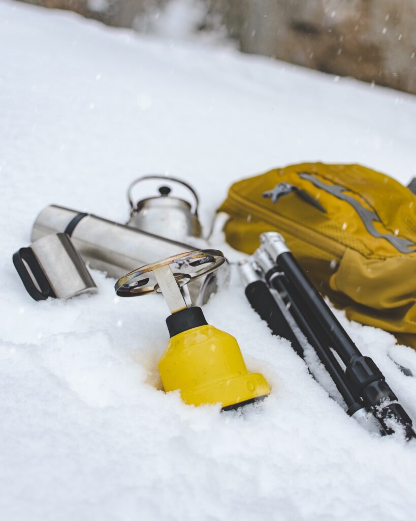 Backpacking gear in snow